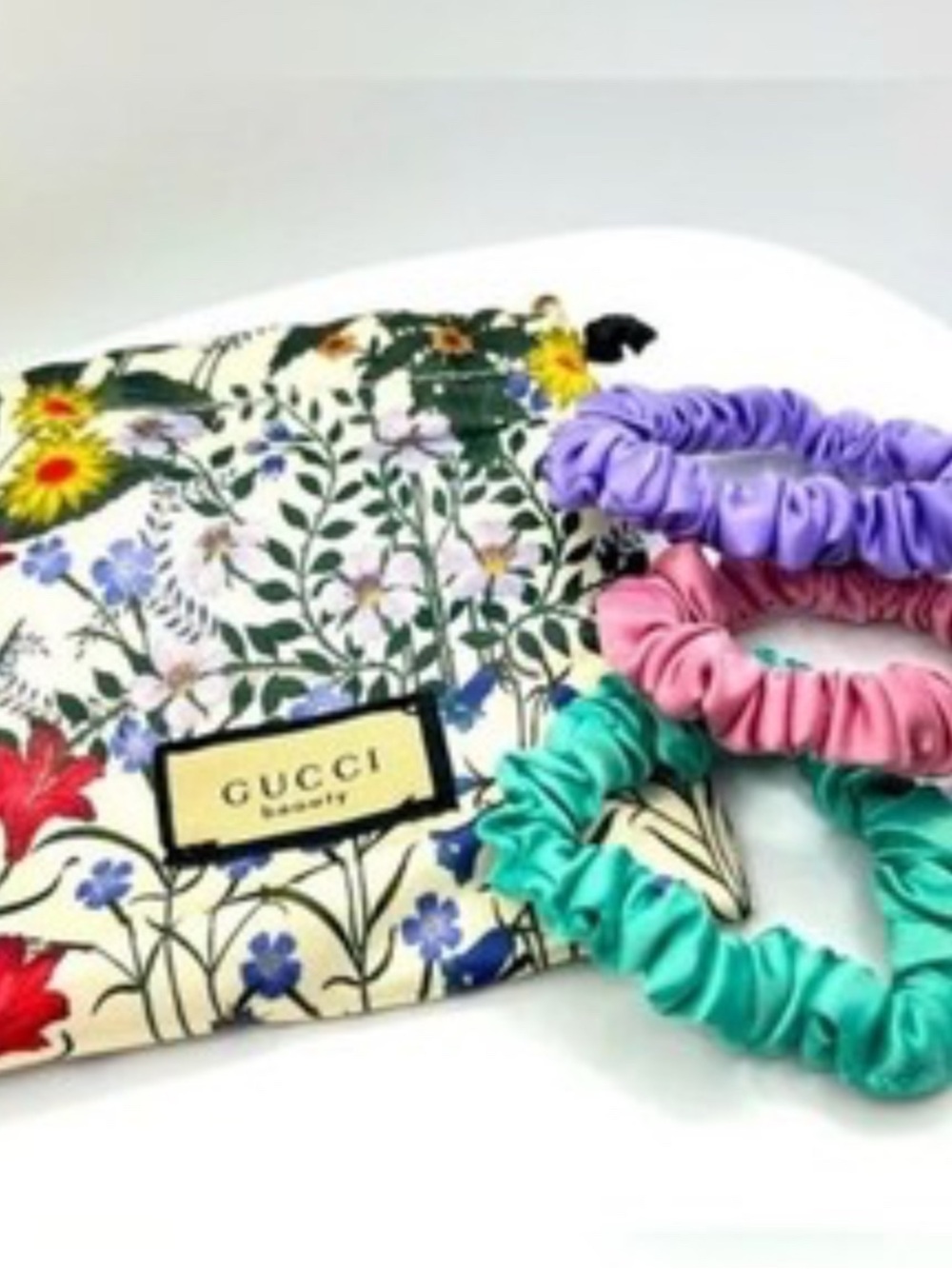 Gucci Floral Satin Scrunchie Trio in Purple, Pink & Teal with Floral Pouch